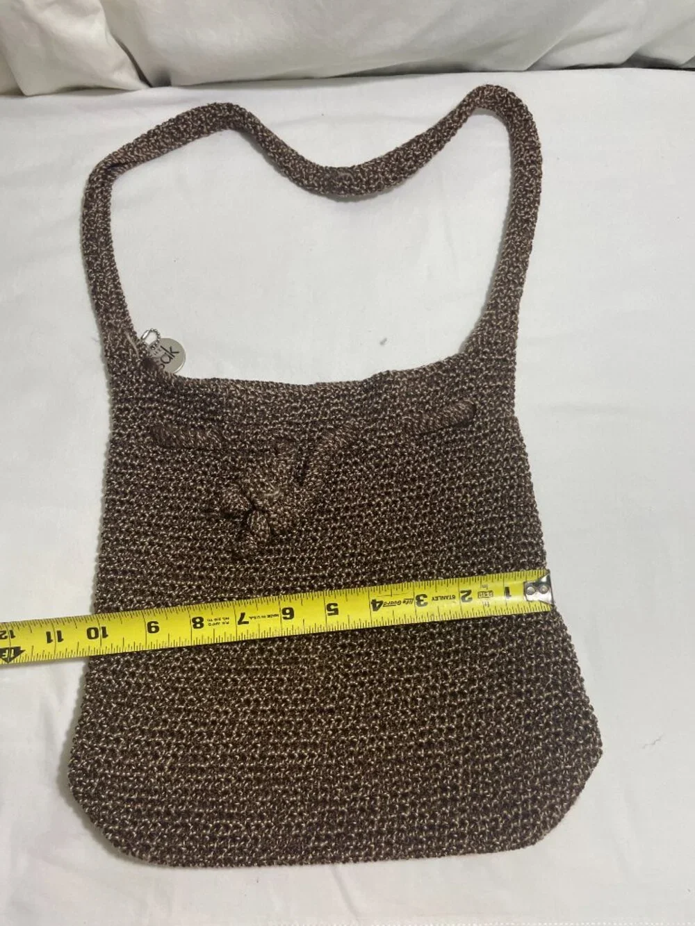 The Sak Brown Crochet Knit Drawstring Shoulder Bag Boho Slouch Hobo Purse
